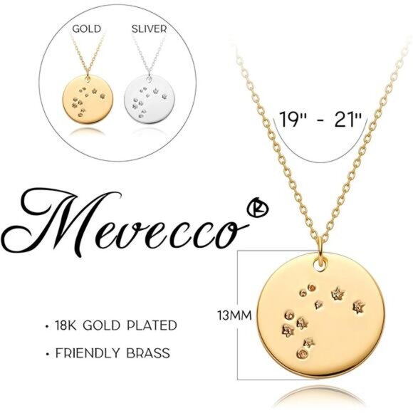 Gold Necklace Coin Disc Zodiac 12Constellation Star Connected Engraved Horoscope - Picture 5 of 8